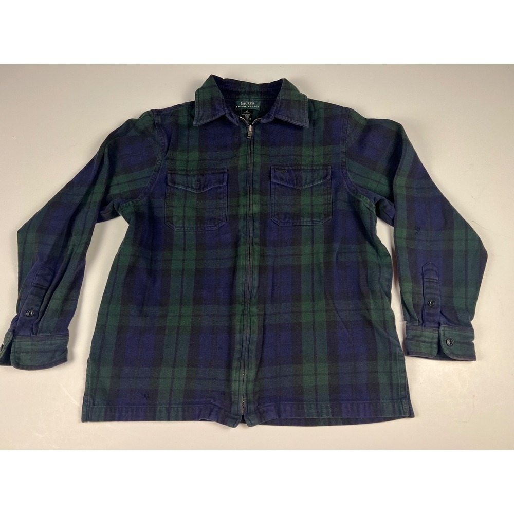 Lauren Ralph Lauren Mens Medium Flannel Shirt Jacket Full Zip Plaid Blue Green